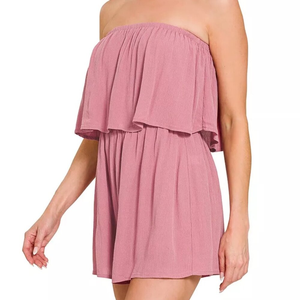Zenana Woven Crinkle Strapless Rompers